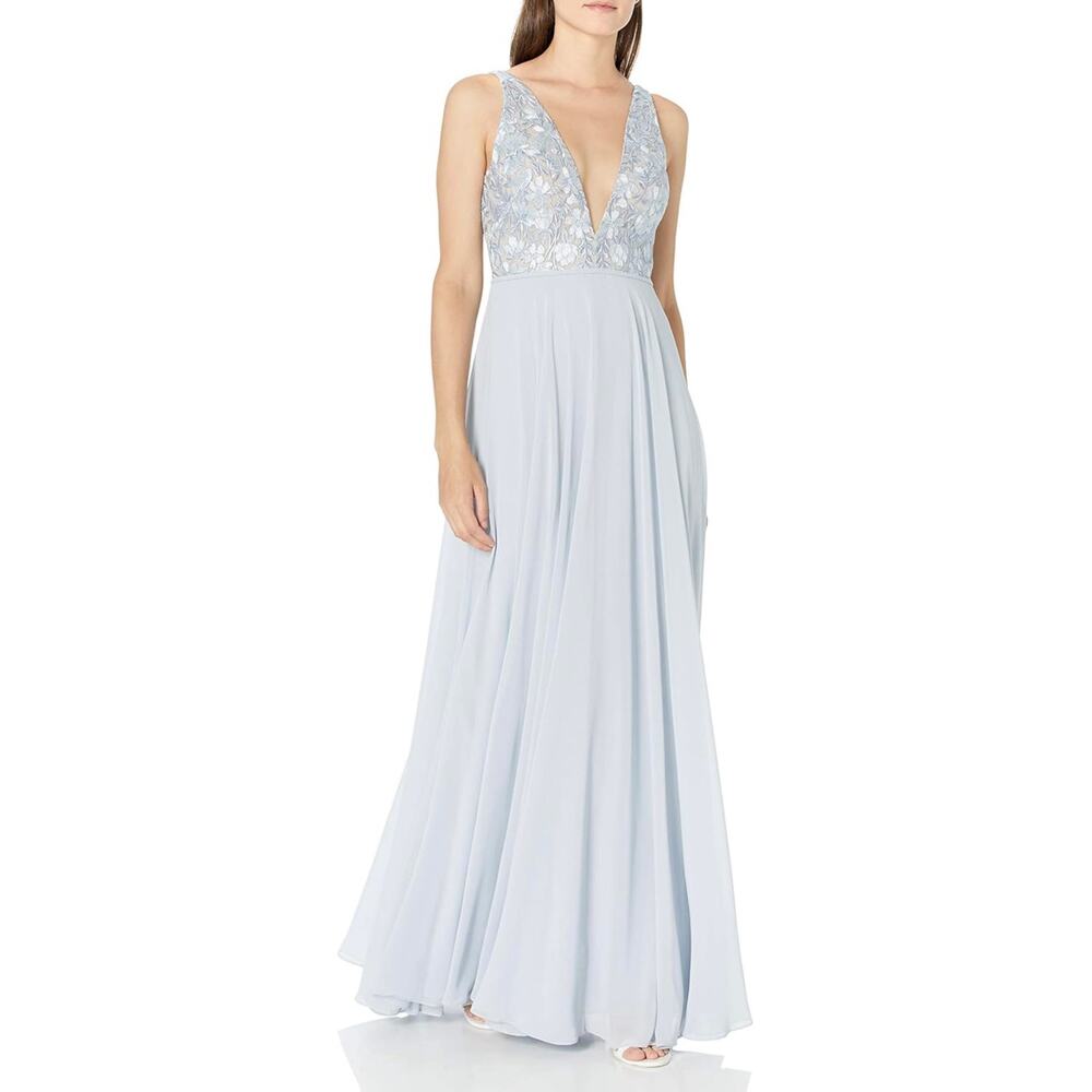 Jenny Yoo Kinsley Maxi Dress Gown Women's 8 Whisper Blue Chiffon Lace Fairy